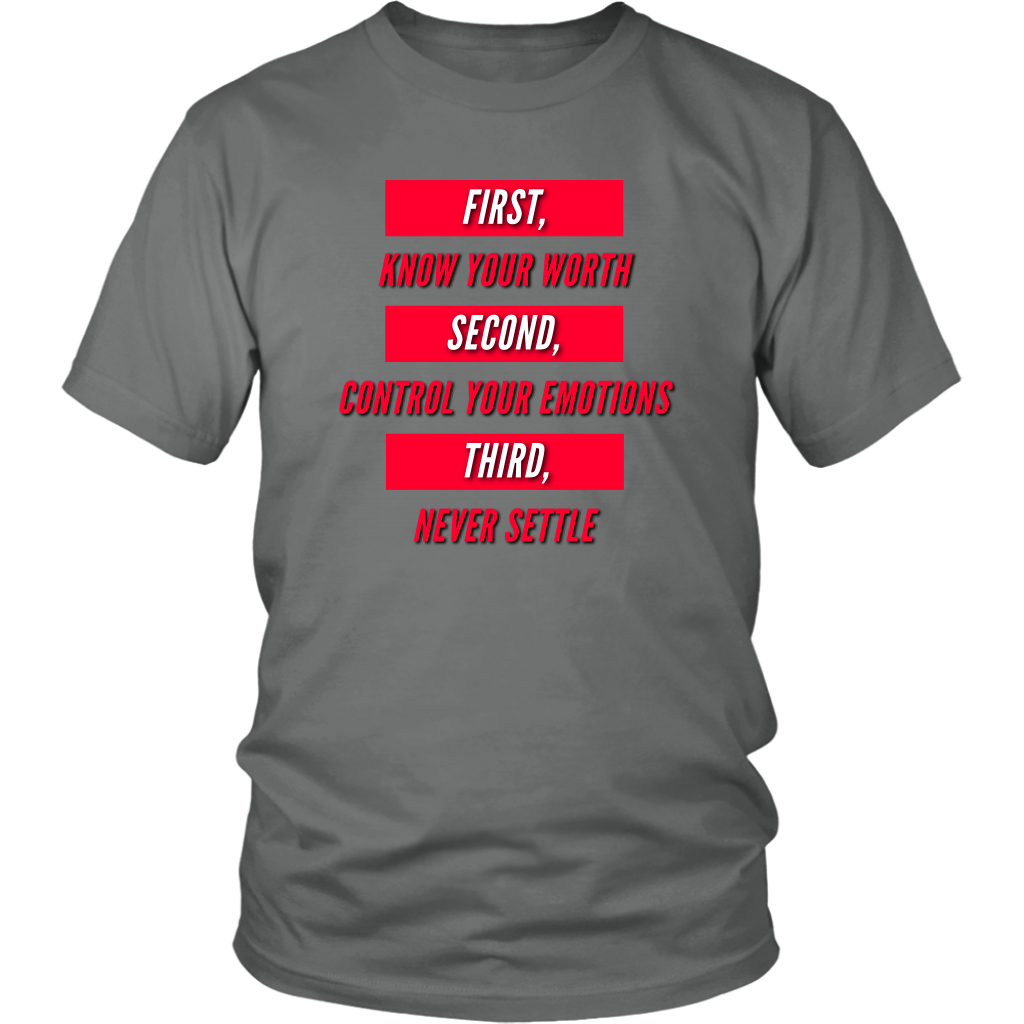 First Know Your Worth, Second Control Your Emotions, Third Never Settle Unisex T-Shirt